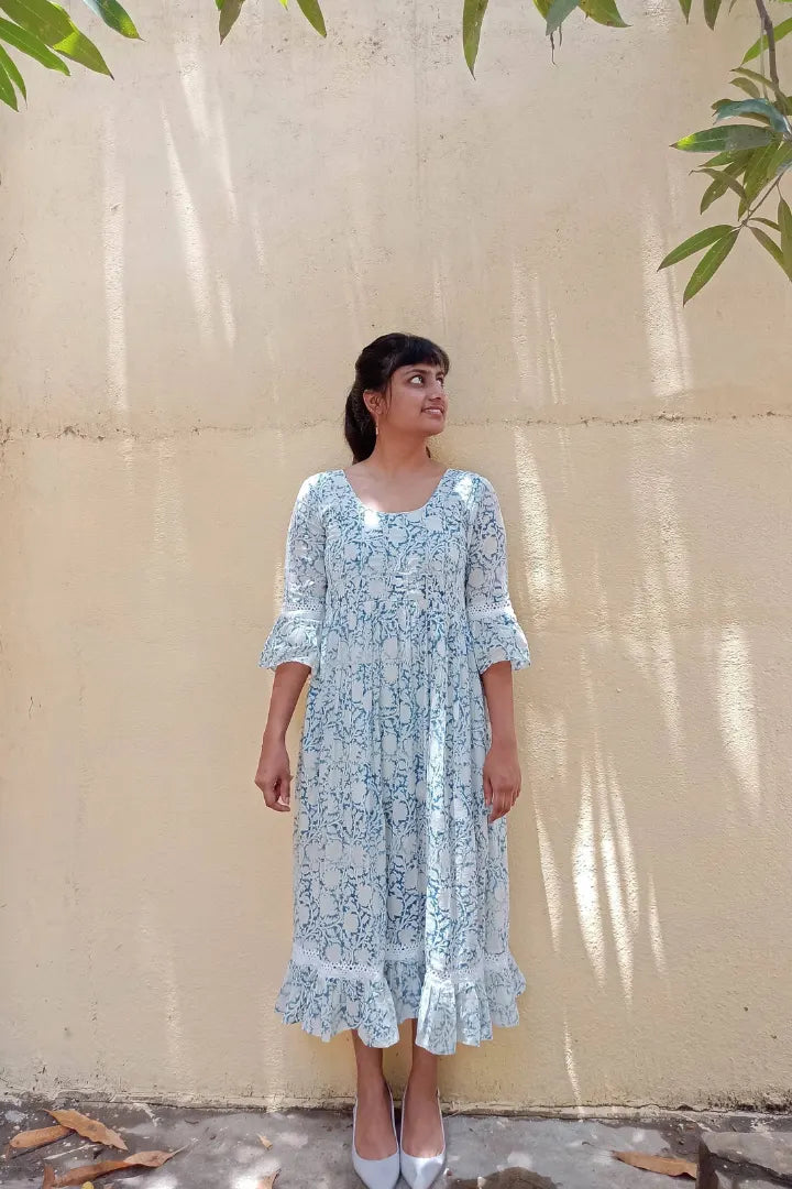 Ilamra sustainable clothing organic cotton Indigo and Off-white hand block printed elegant dress