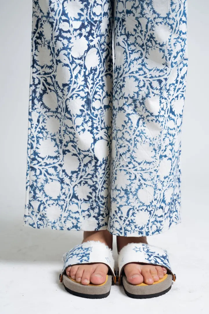 Ilamra hand block printed organic cotton naturally dyed indigo and off-white powerful classy pants
