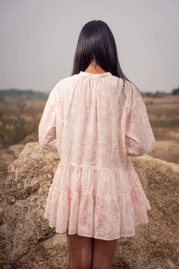 Ilamra sustainable clothing organic cotton Off-white and blush pink hand block printed tiered dress with puffed sleeves