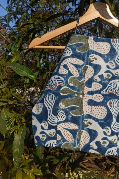 Ilamra sustainable clothing organic cotton Indigo, Off White, Brown and Dirty Green hand block printed halter top