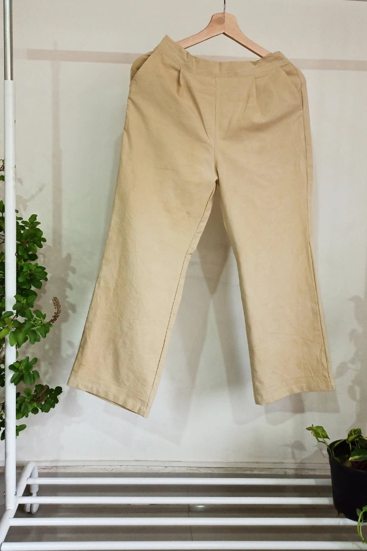 Ilamra kalamkari craft hand block printed organic cotton Beige classy and sassy straight-cut cropped pants