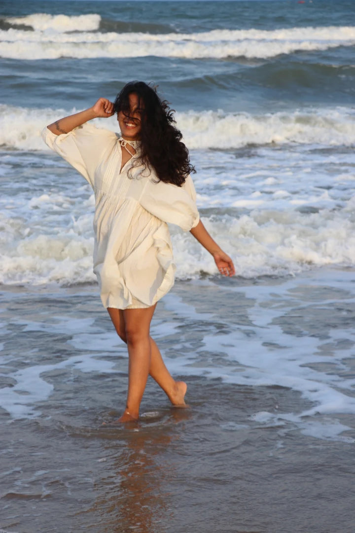ilamra naturally dyed organic cotton pebble white free flowing beautiful dress