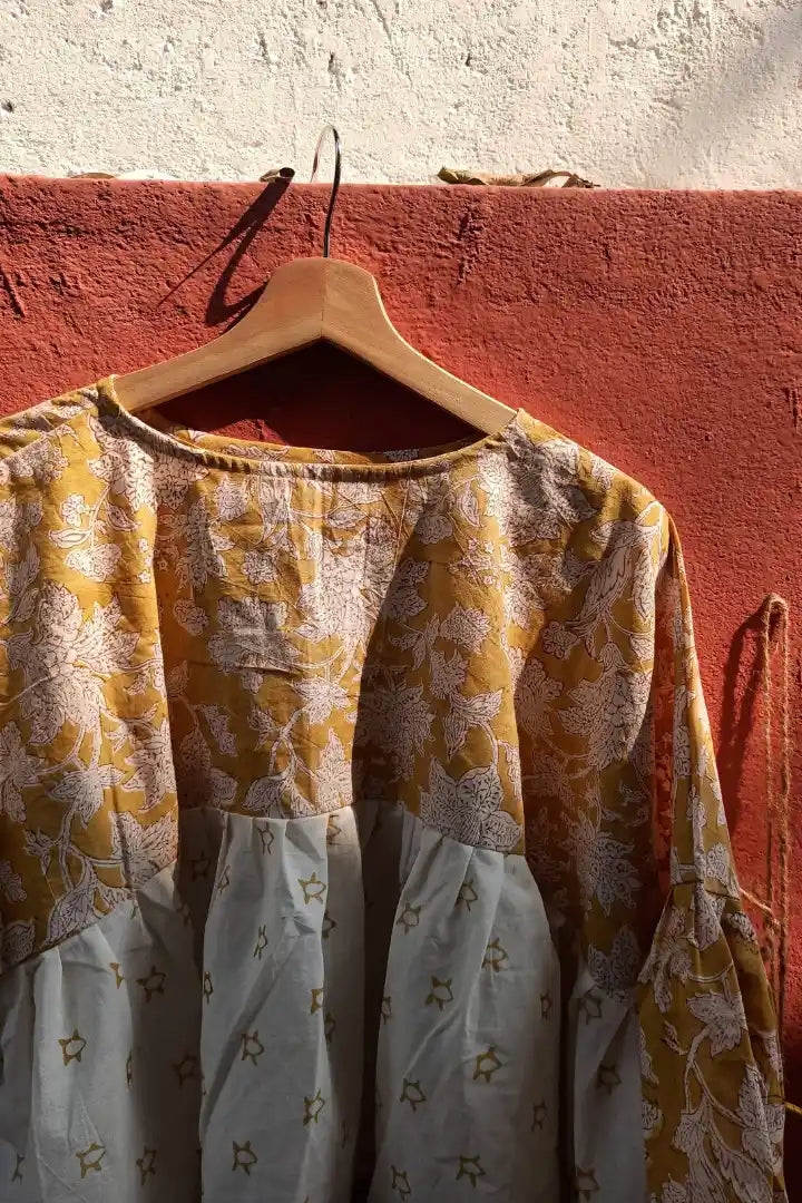 Ilamra sustainable clothing organic cotton Mustard yellow, hints of brown and off-white hand block printed tent top