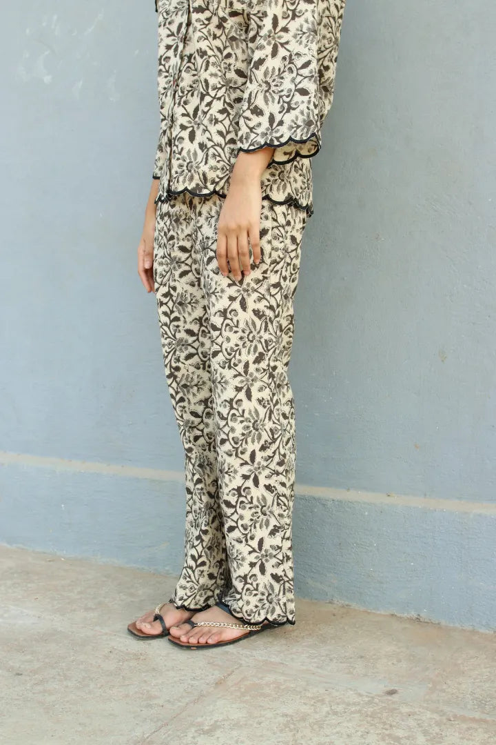 Ilamra hand block printed sustainably made naturally dyed beige, grey and black shirt and pants set