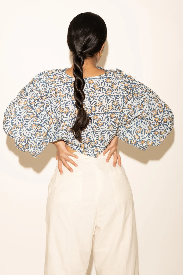 Ilamra hand block printed organic cotton naturally dyed Indigo, off-white and hints of orange cropped blouse