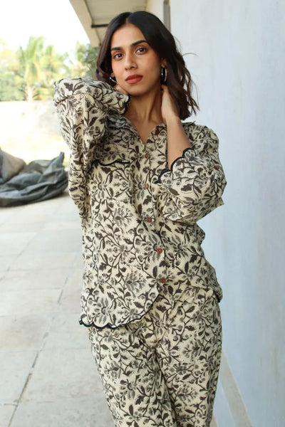 Ilamra hand block printed sustainably made naturally dyed beige, grey and black shirt and pants set