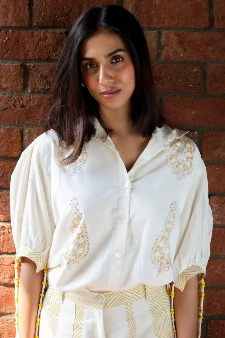 Ilamra hand block printed sustainably made naturally dyed off-white top with yellow print