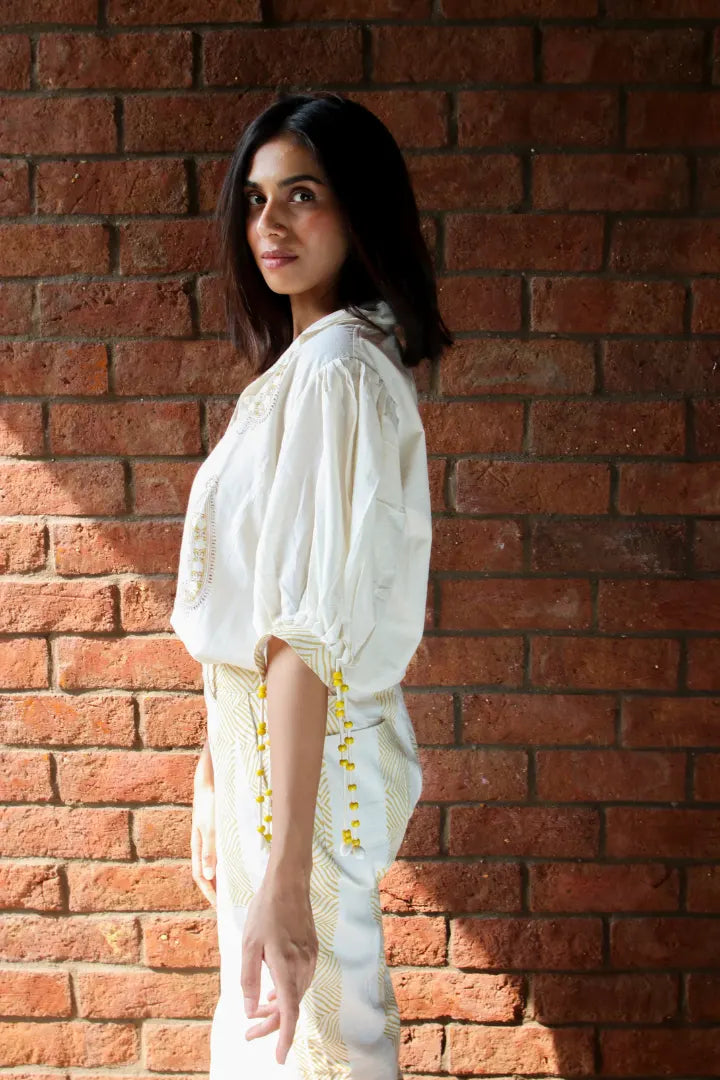 Ilamra hand block printed sustainably made naturally dyed off-white top with yellow print