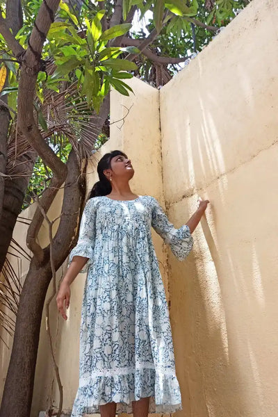 Ilamra sustainable clothing organic cotton Indigo and Off-white hand block printed elegant dress