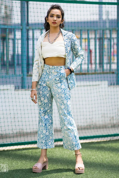 Ilamra hand block printed organic cotton naturally dyed indigo and off-white powerful classy pants