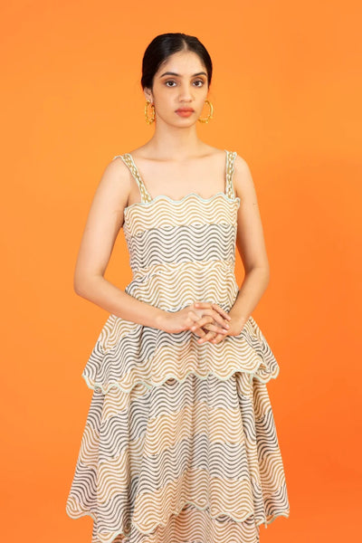 Ilamra kalamkari craft hand block printed organic cotton olive green and dirty green on pebble white stylish tiered dress