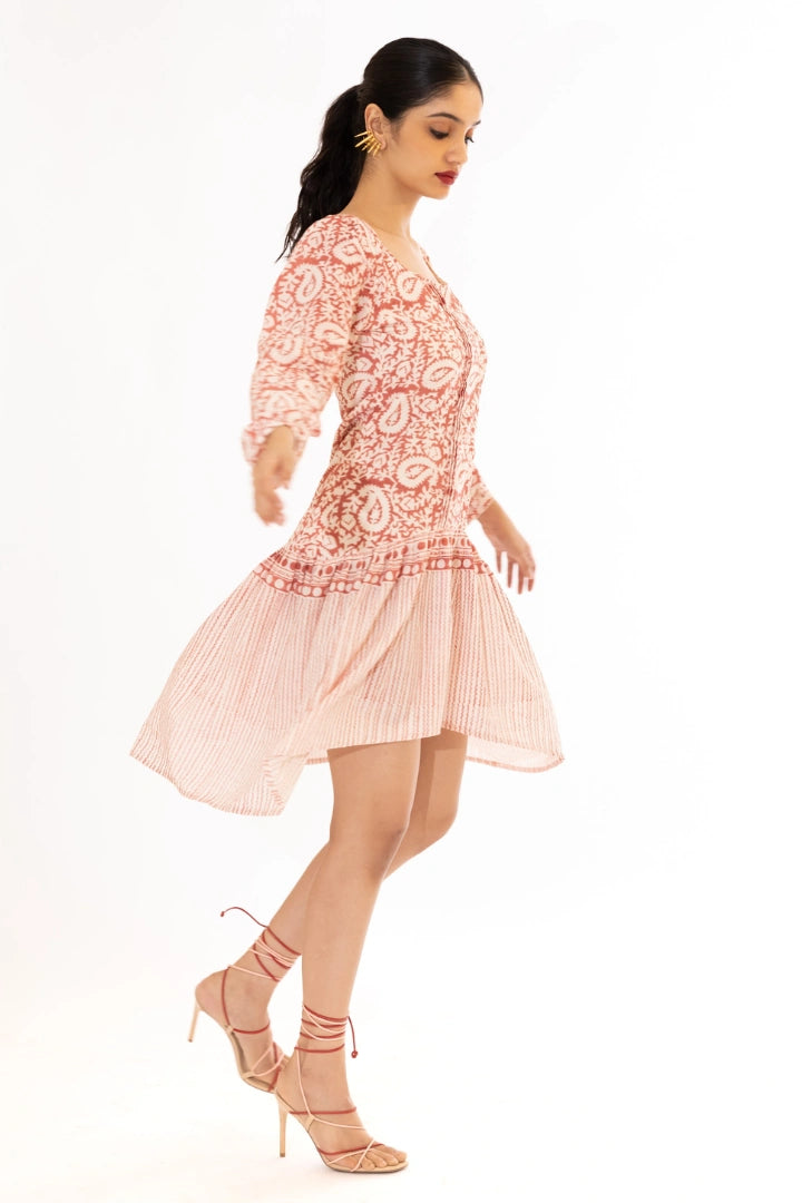 Ilamra kalamkari craft hand block printed organic cotton pinkish red and off-white cute dress