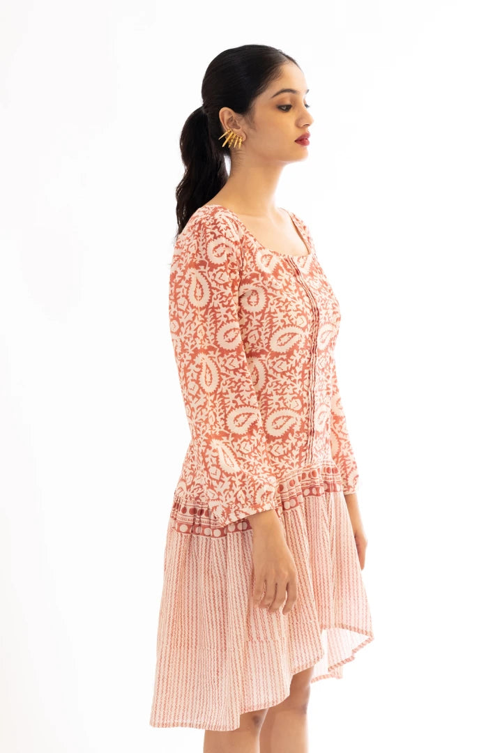 Ilamra kalamkari craft hand block printed organic cotton pinkish red and off-white cute dress