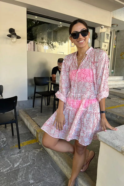 Ilamra sustainable clothing organic cotton Off-white and blush pink hand block printed tiered dress with puffed sleeves