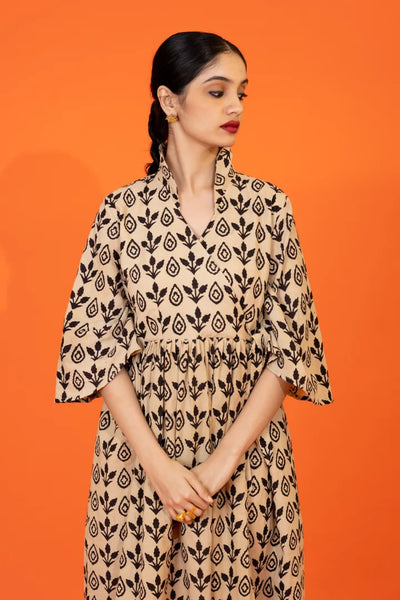 Ilamra kalamkari craft hand block printed organic cotton black and beige elegant dress