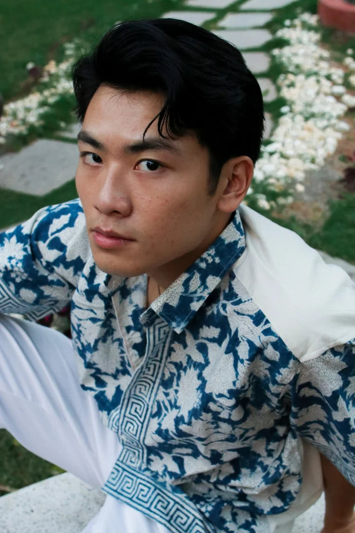 ilamra men's hand block printed naturally dyed organic cotton indigo and white shirt