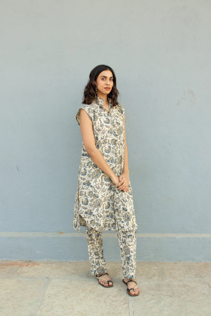 Ilamra kalamkari craft hand block printed organic cotton indigo, yellow and brown kurta and pants set.