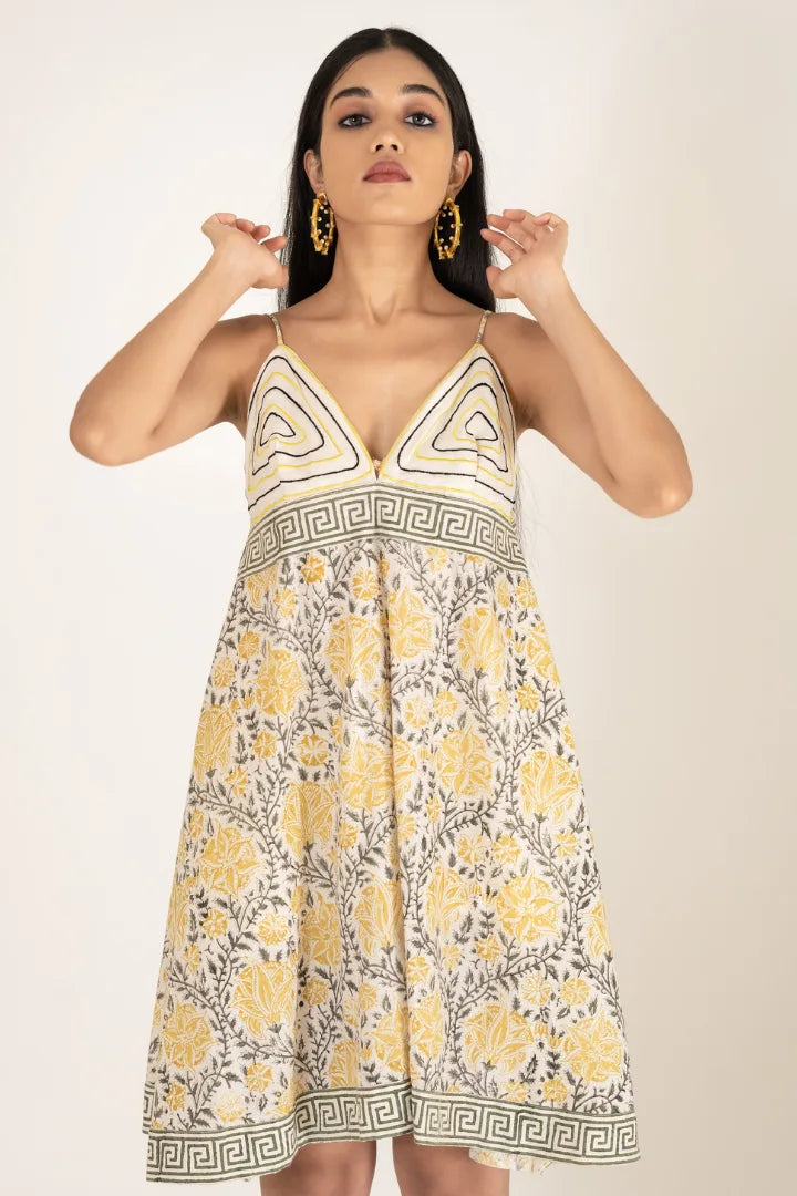 Ilamra kalamkari craft hand block printed organic cotton canary yellow, off-white and black slip dress