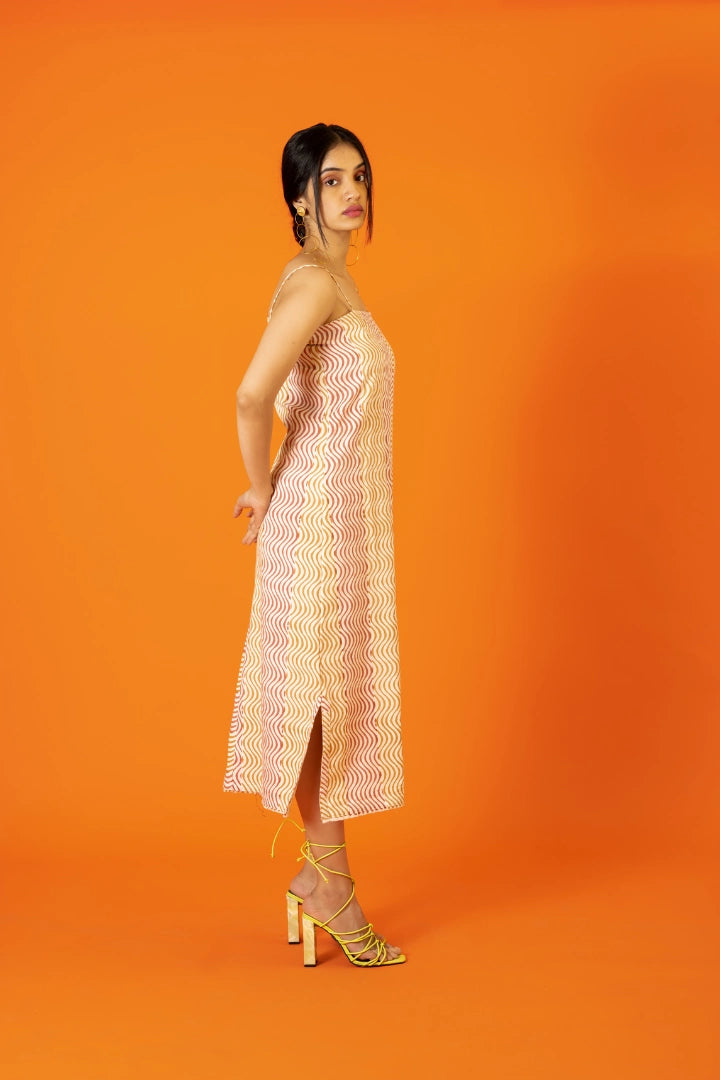 Ilamra kalamkari craft hand block printed organic cotton orange and pink straight-cut dress