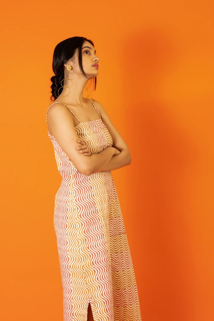 Ilamra kalamkari craft hand block printed organic cotton orange and pink straight-cut dress
