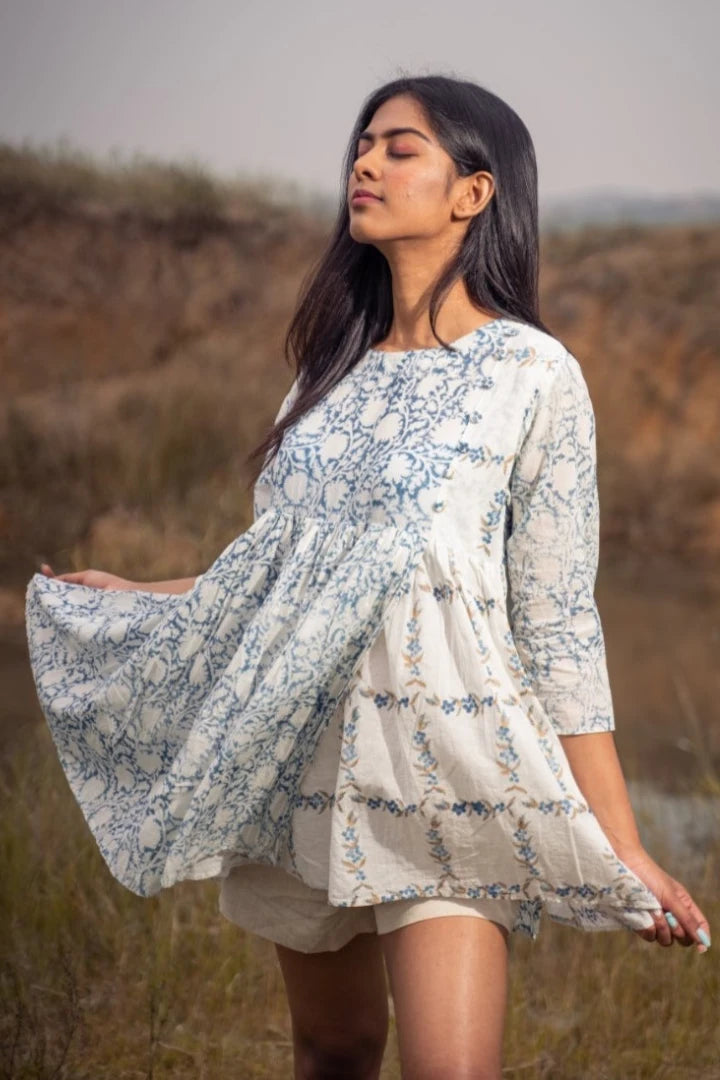 Ilamra sustainable clothing organic cotton Indigo, off-white, hints of green and madder red hand block printed tent dress