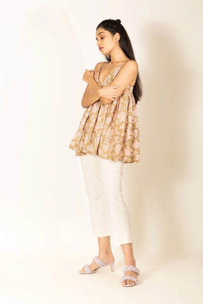 Ilamra hand block printed sustainably made naturally dyed lime green and madder red top