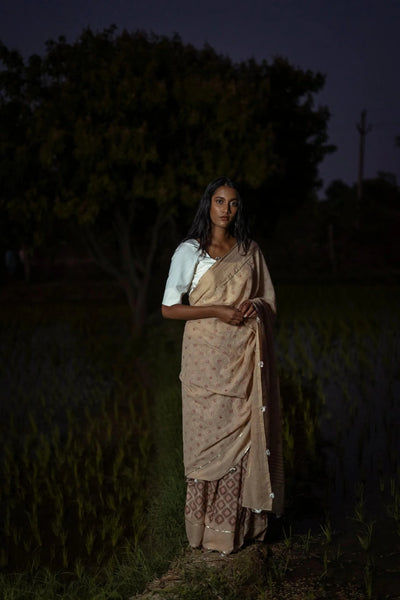 Ilamra kalamkari craft hand block printed organic cotton Beige base with indigo and red motifs saree