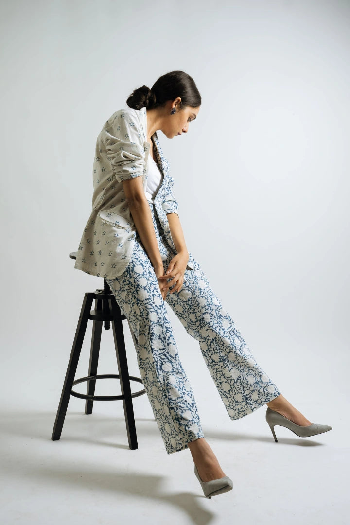 Ilamra hand block printed organic cotton naturally dyed indigo and off-white powerful classy pants