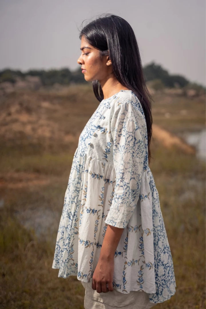 Ilamra sustainable clothing organic cotton Indigo, off-white, hints of green and madder red hand block printed tent dress