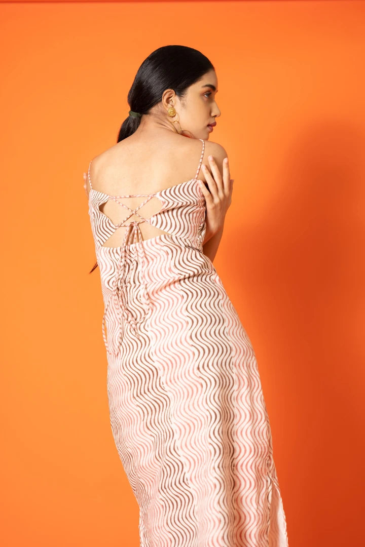 Ilamra hand block printed sustainably made naturally dyed wavy print pink and brown cut-out dress