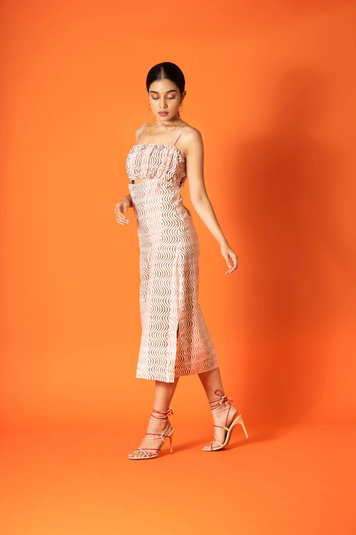 Ilamra hand block printed sustainably made naturally dyed wavy print pink and brown cut-out dress