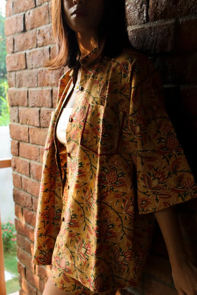 Ilamra kalamkari craft hand block printed organic cotton mustard, yellow, red and green shirt
