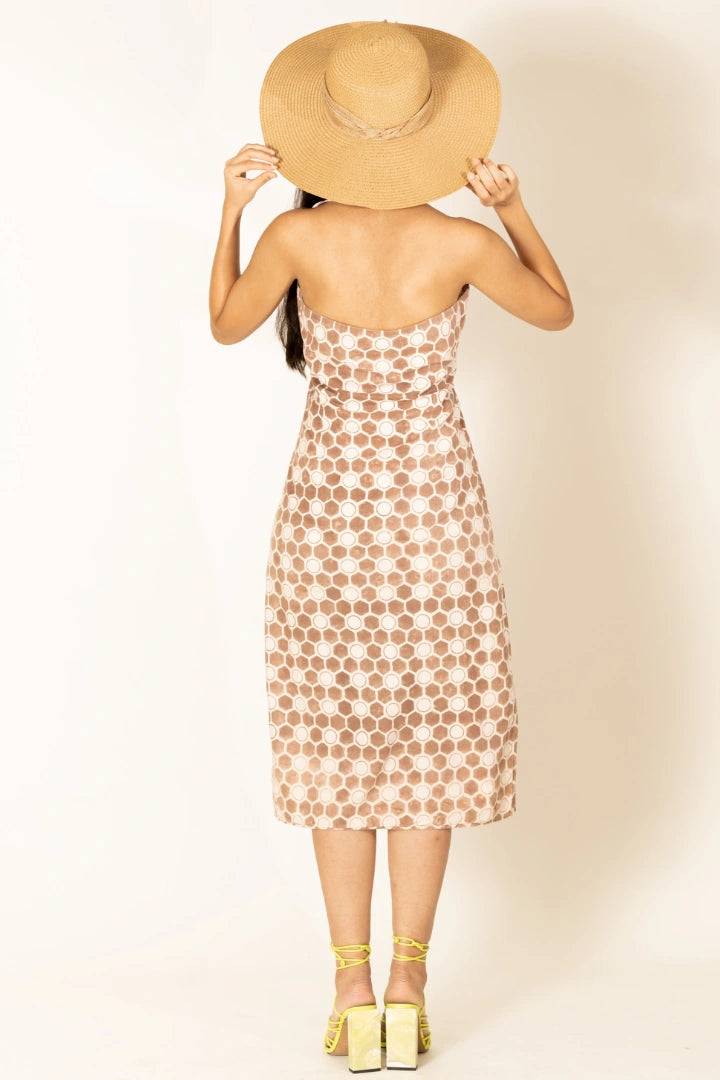 Ilamra hand block printed sustainably made naturally dyed honeycomb print brown and off-white halterneck dress