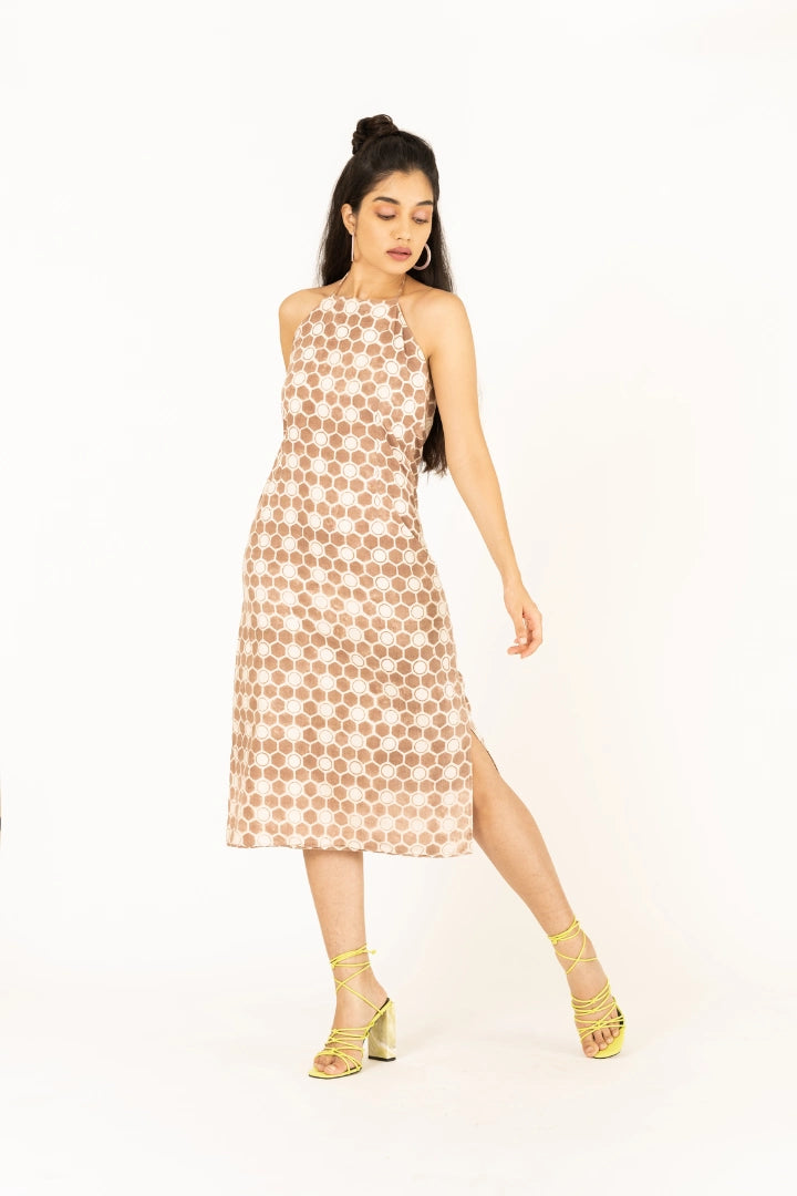 Ilamra hand block printed sustainably made naturally dyed honeycomb print brown and off-white halterneck dress