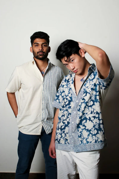 ilamra men's hand block printed naturally dyed organic cotton indigo and white shirt