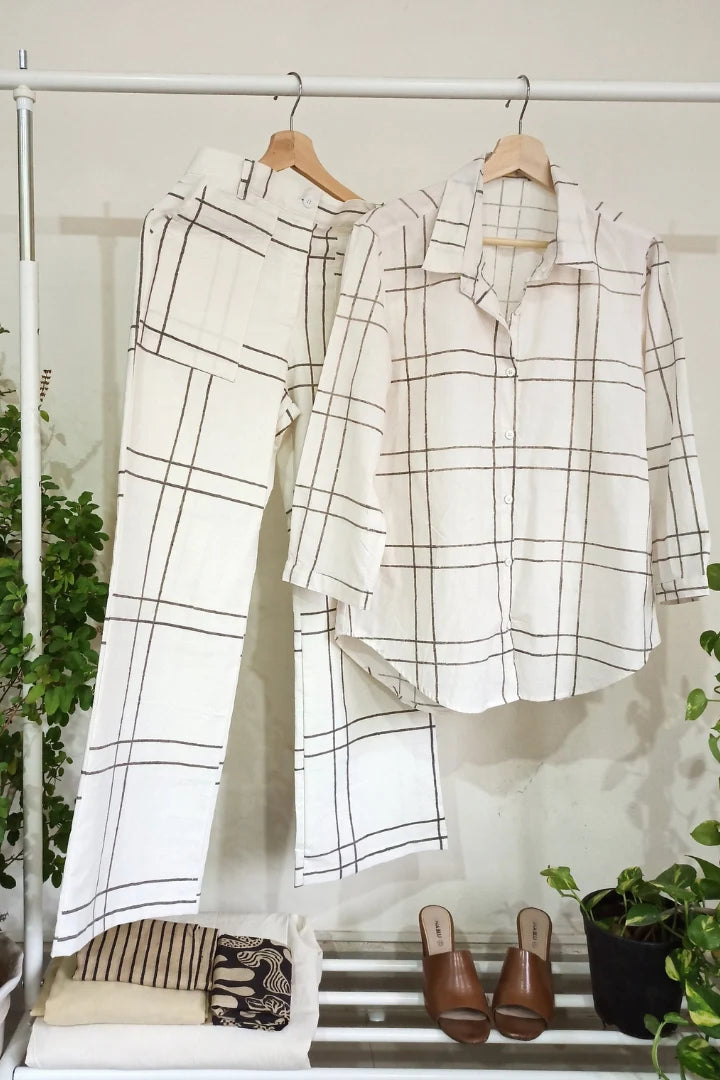 Ilamra kalamkari craft hand block printed organic cotton Black and Off-white cool shirt and pants co-ord set