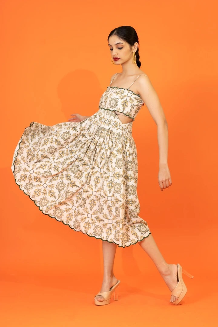 Ilamra hand block printed sustainably made naturally dyed yellow and dirty green on off-white chic cut-out dress