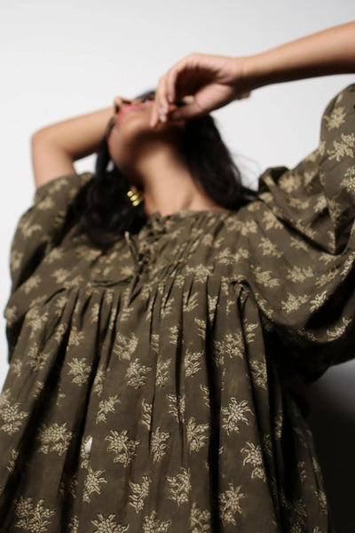 Ilamra kalamkari craft hand block printed organic cotton green and beige top