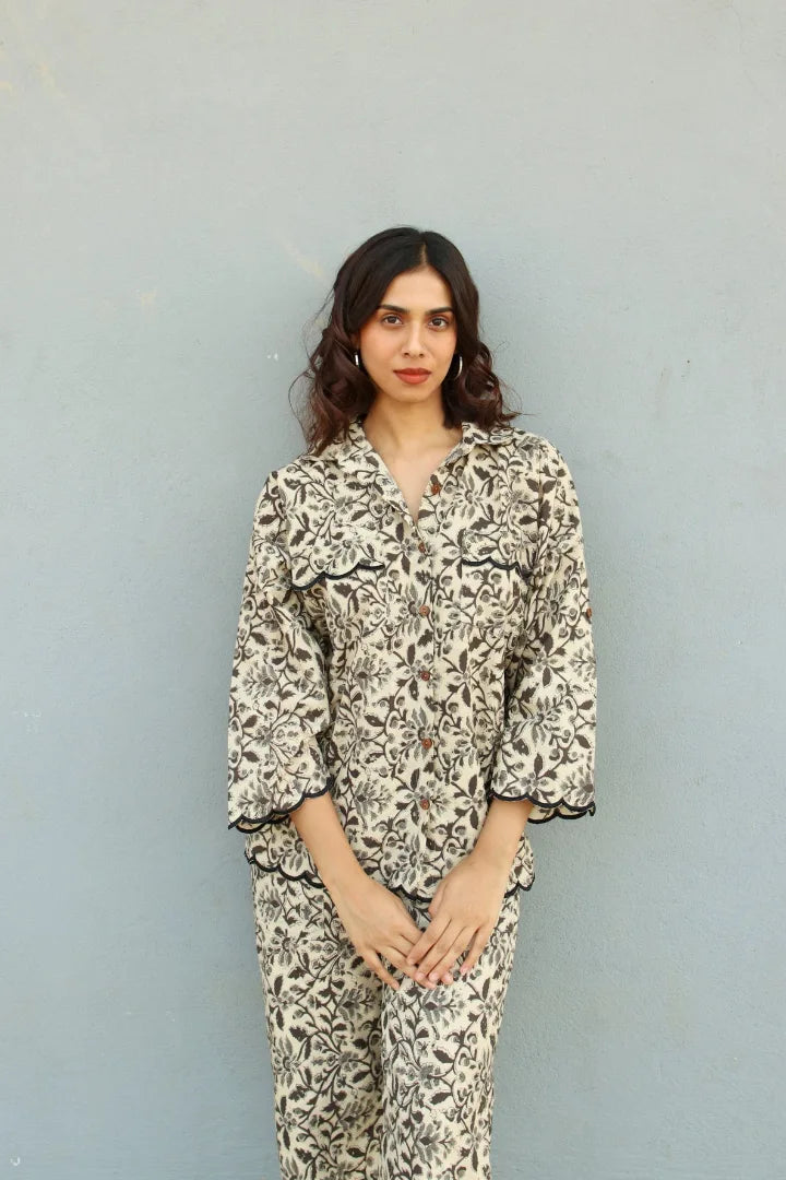 Ilamra hand block printed sustainably made naturally dyed beige, grey and black shirt