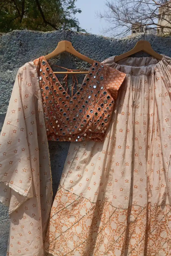 Ilamra sustainable clothing organic cotton off-white and orange hand block printed blouse, dupatta and lehenga set