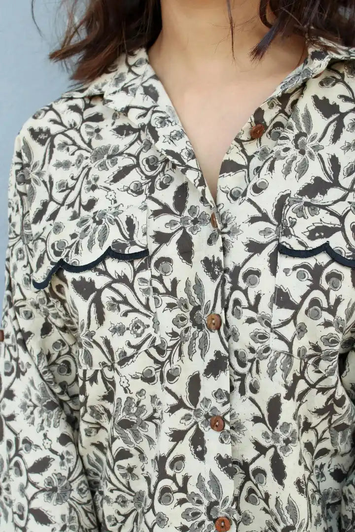 Ilamra hand block printed sustainably made naturally dyed beige, grey and black shirt