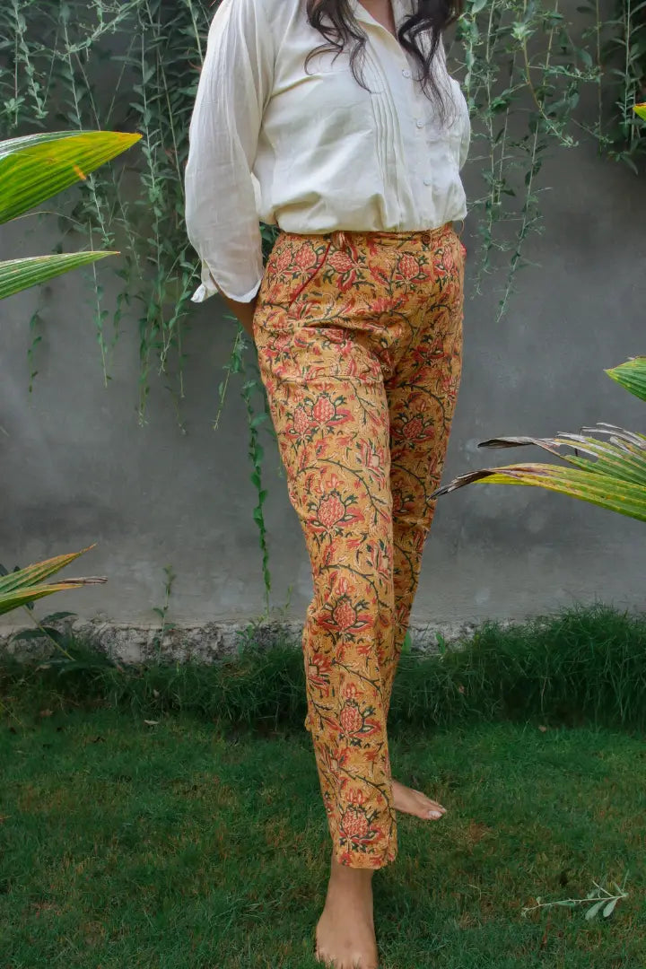 Ilamra kalamkari craft hand block printed organic cotton mustard, yellow, red and green pants