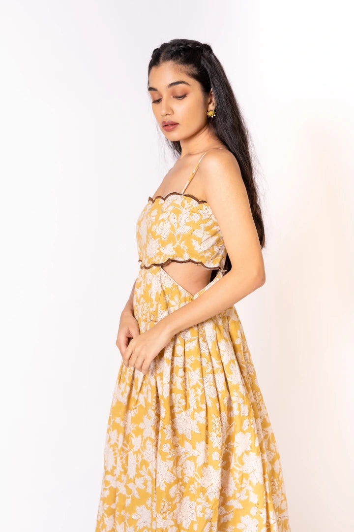 Ilamra hand block printed sustainably made naturally dyed mustard yellow and brown cool cut-out dress