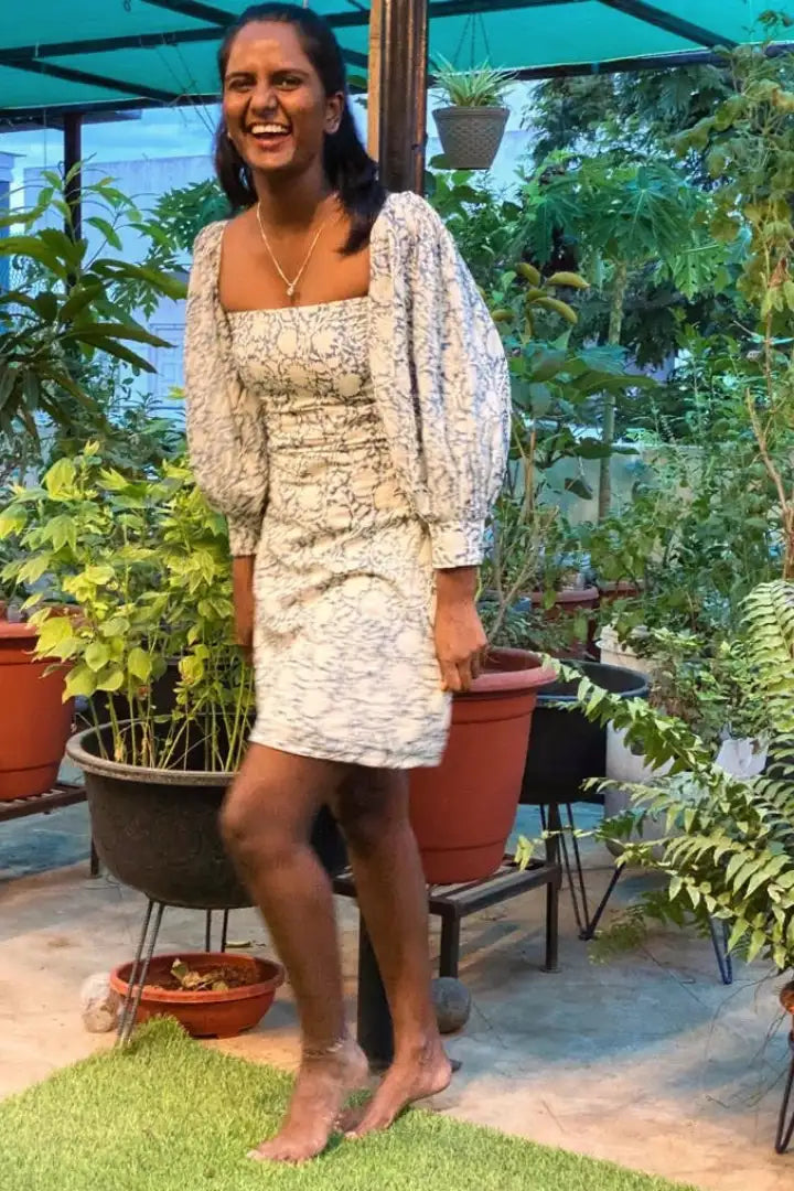 Ilamra sustainable clothing organic cotton Indigo and Off-white hand block printed sexy mini bodycon dress