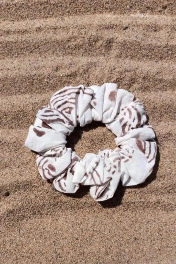 Ilamra hand block printed organic cotton naturally dyed Off white and brown Upcycled Cotton mini scrunchie