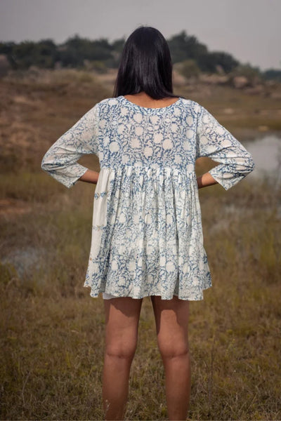 Ilamra sustainable clothing organic cotton Indigo, off-white, hints of green and madder red hand block printed tent dress
