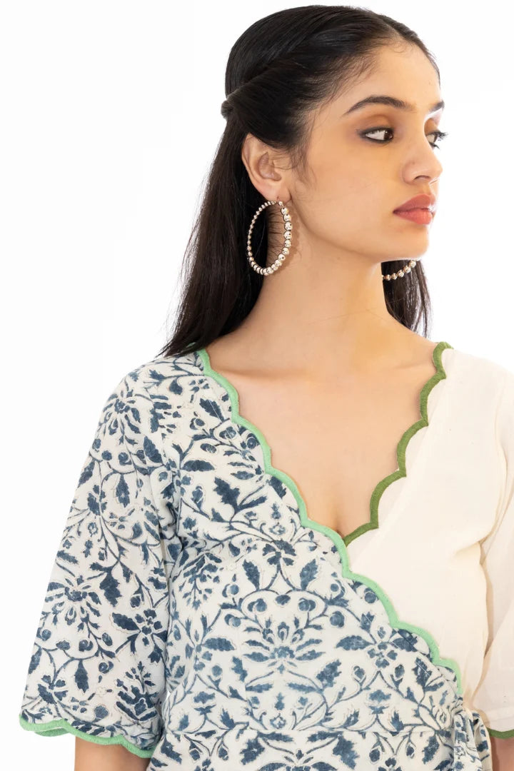 Ilamra hand block printed sustainably made naturally dyed Indigo and off-white wrap dress