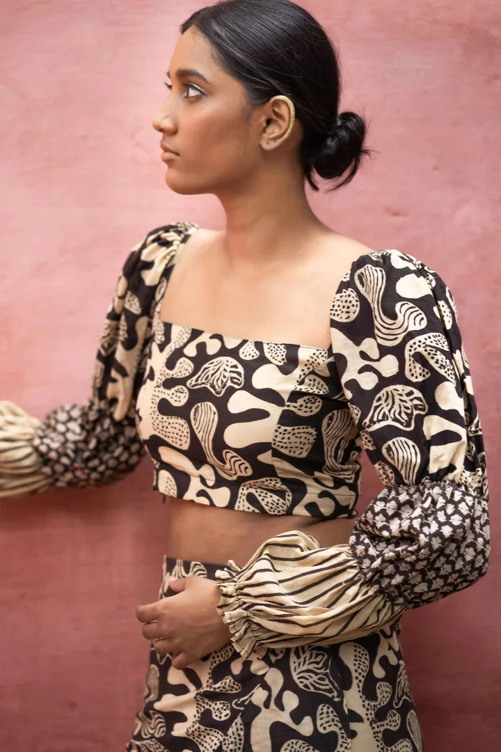 Ilamra kalamkari craft hand block printed organic cotton black and beige puffed blouse