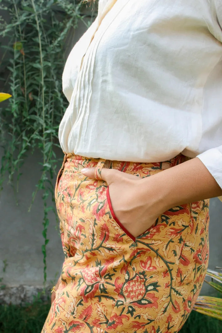 Ilamra kalamkari craft hand block printed organic cotton mustard, yellow, red and green pants