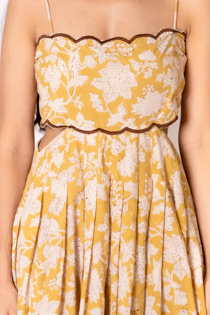 Ilamra hand block printed sustainably made naturally dyed mustard yellow and brown cool cut-out dress